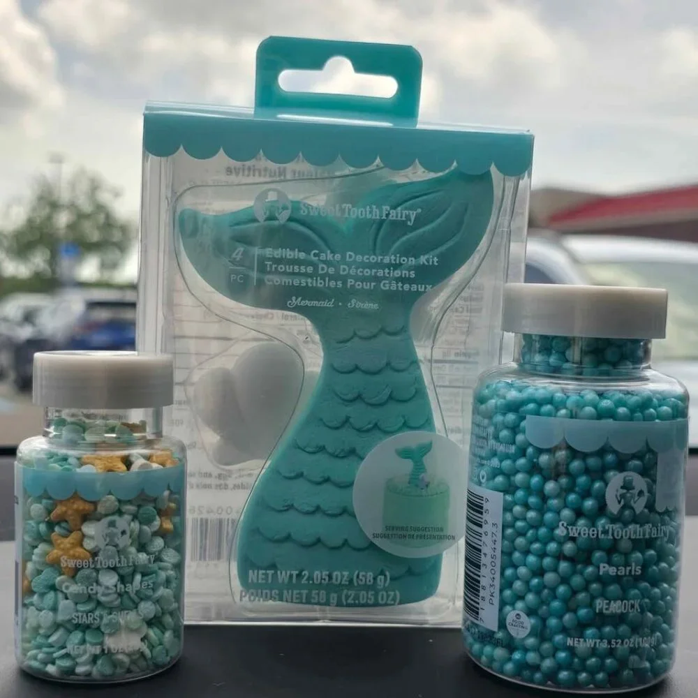Mermaid tail cake toppers woth 2 jars of sprinkles. New in box Mermaid birthday
